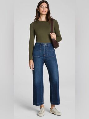 SPANXshape Authentic 360 Cropped Wide Leg Jeans Patch Pocket Petite Med Dk Wash